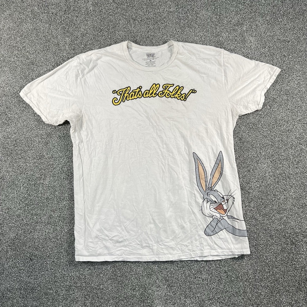 Looney Tunes Mens XL Bugs Bunny Thats All Folks White Graphic T Shirt